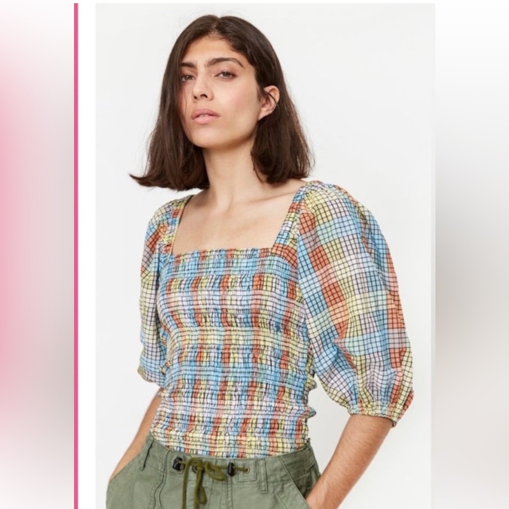 Ganni Shirred checked cotton-blend seersucker blouse